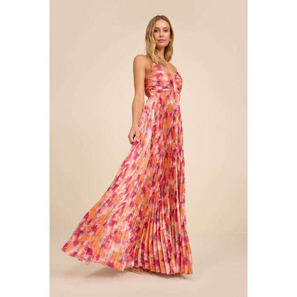 Lulus Dreaming In Color Pink Abstract V-neck Pleated Satin Maxi Dress - Size M